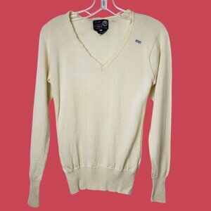 Panda Vtg Pure Wool V-Neck Sweater Womens Cream Long Sleeve Beige Size Large
